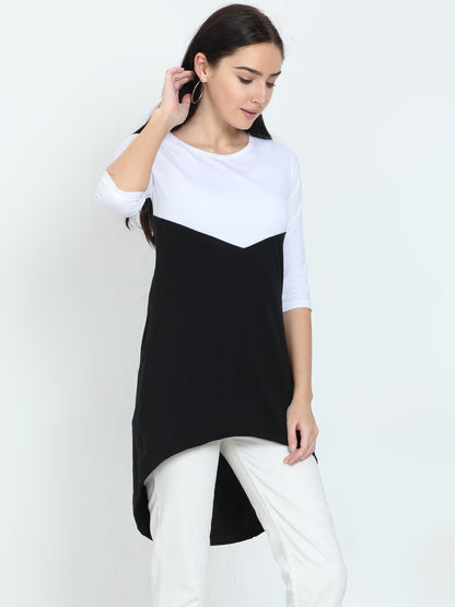 Women's Oval Shape Color Block WhiteBlack Color Long Top
