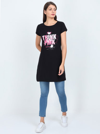 Women's Cotton Round Neck Printed Black Color Long Top