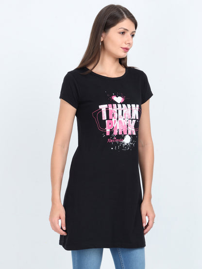 Women's Cotton Round Neck Printed Black Color Long Top