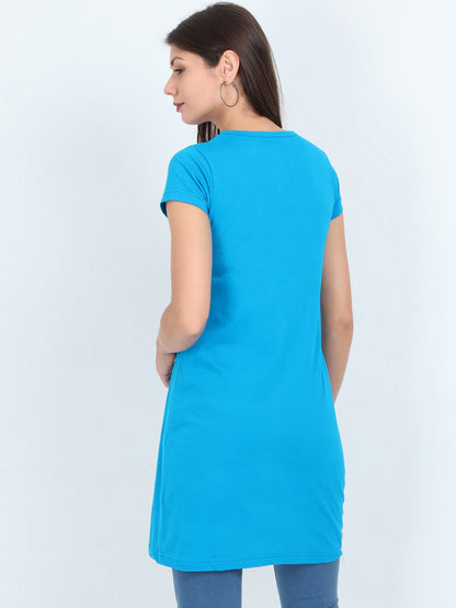 Women's Cotton Round Neck Printed Blue Color Long Top