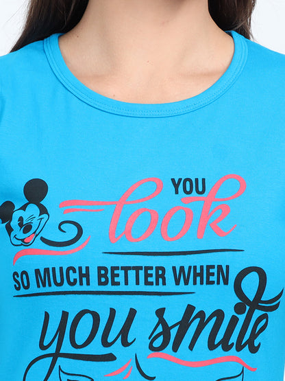 Women's Cotton Round Neck Printed Blue Color Long Top