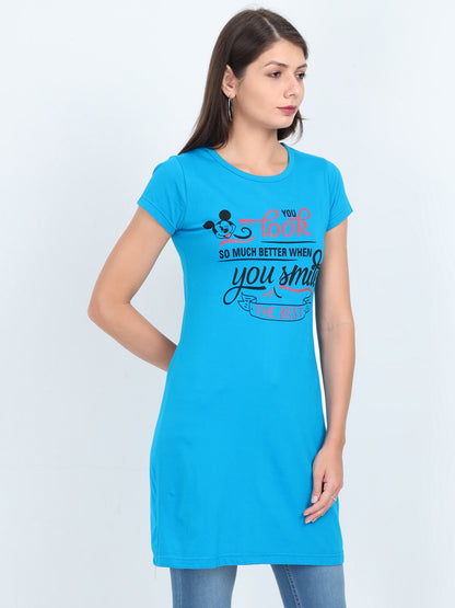 Women's Cotton Round Neck Printed Blue Color Long Top