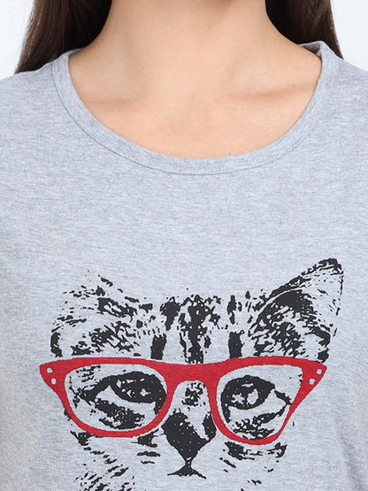 Women's Cotton Round Neck Printed Grey Melange Color Long Top