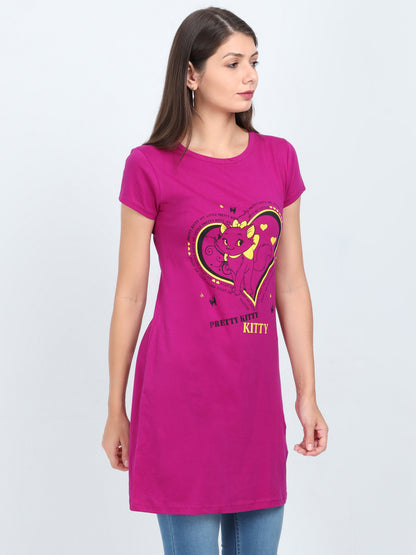 Women's Cotton Round Neck Printed Magenta Color Long Top