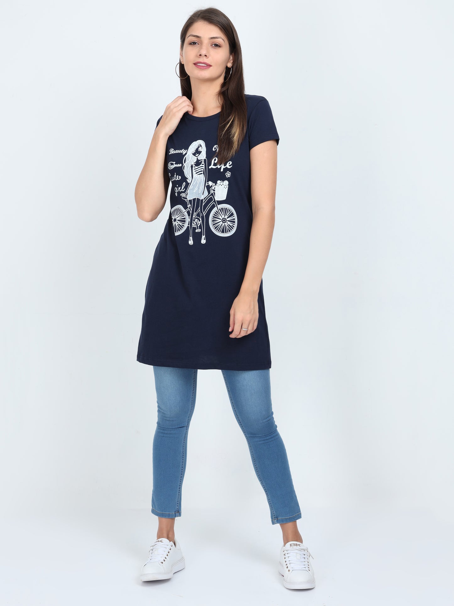 Women's Cotton Round Neck Printed Long Top