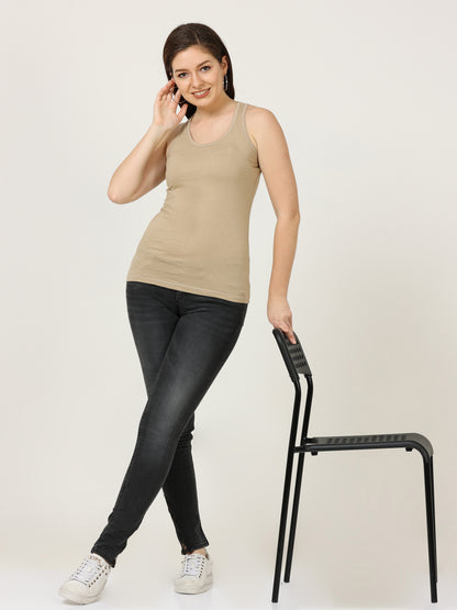 Women's Cotton Plain Sleeveless Biscuit Color Top