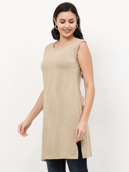 Women's Cotton Round Neck Plain Sleeveless Long Top