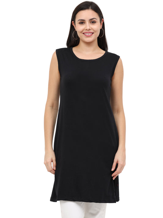 Women's Cotton Round Neck Plain Black Color Sleeveless Long Top