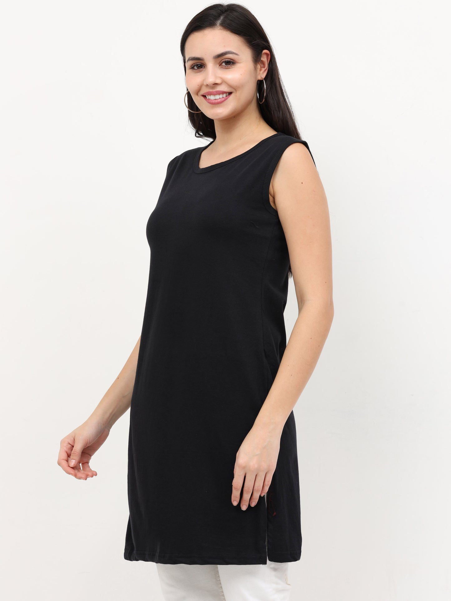 Women's Cotton Round Neck Plain Black Color Sleeveless Long Top