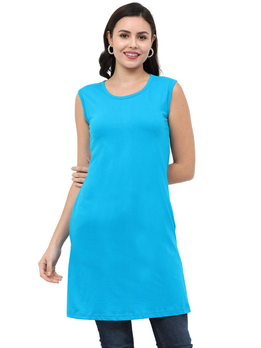 Women's Cotton Round Neck Plain Blue Color Sleeveless Long Top