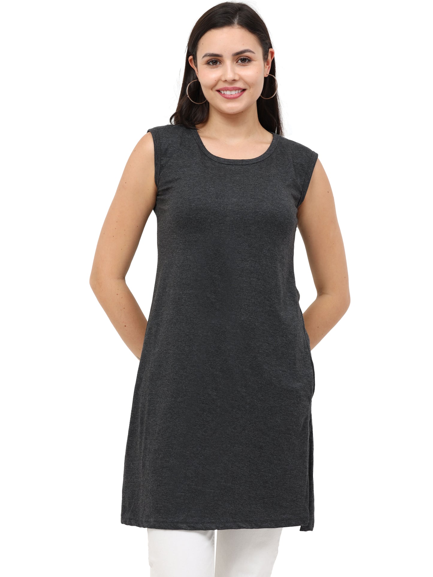 Women's Cotton Round Neck Plain Charcoal Melange Color Sleeveless Long Top
