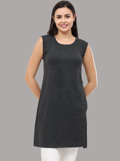 Women's Cotton Round Neck Plain Charcoal Melange Color Sleeveless Long Top