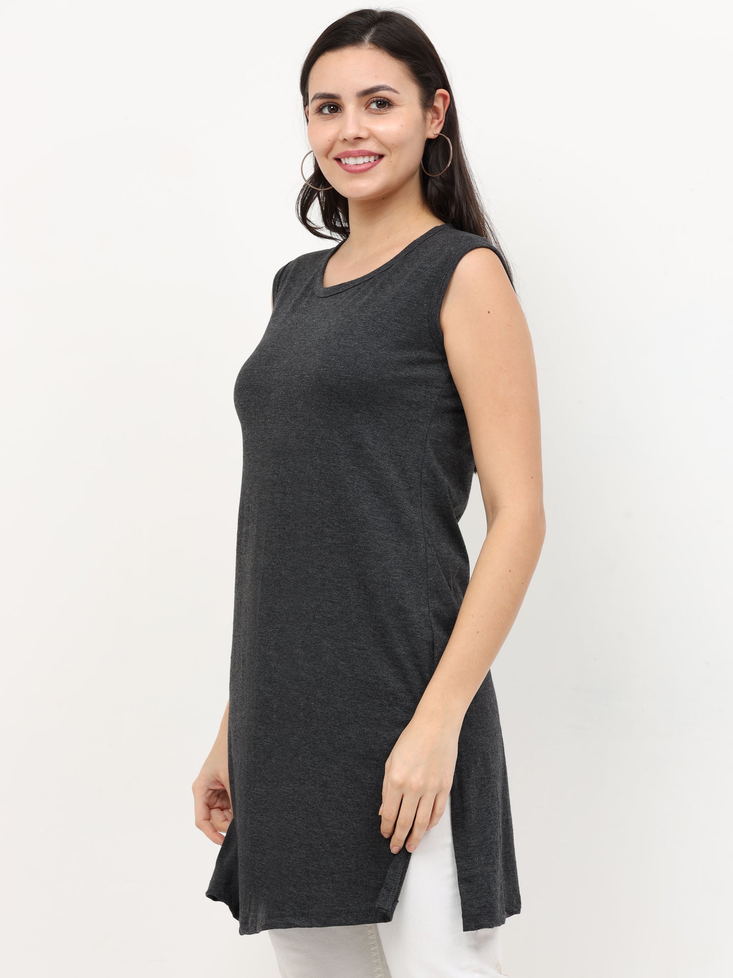 Women's Cotton Round Neck Plain Charcoal Melange Color Sleeveless Long Top