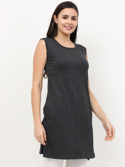 Women's Cotton Round Neck Plain Sleeveless Long Top