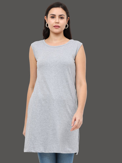 Women's Cotton Round Neck Plain Grey Melange Color Sleeveless Long Top