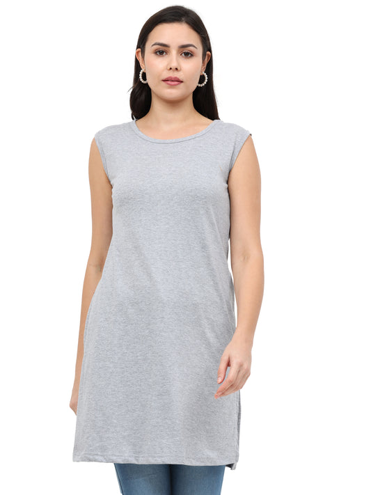 Women's Cotton Round Neck Plain Grey Melange Color Sleeveless Long Top