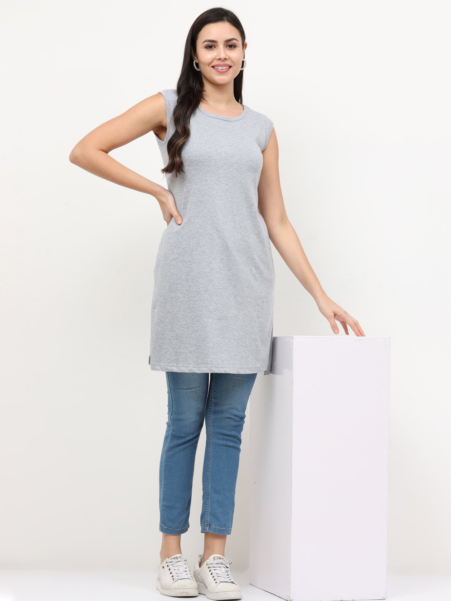 Women's Cotton Round Neck Plain Grey Melange Color Sleeveless Long Top