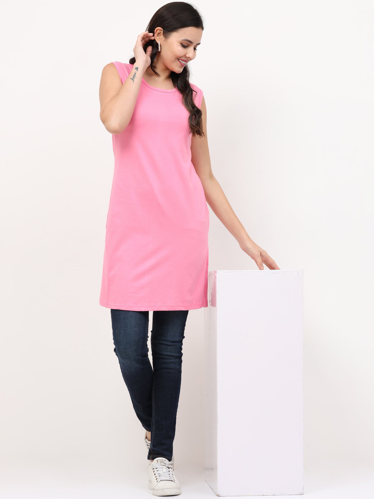 Women's Cotton Round Neck Plain Light Pink Color Sleeveless Long Top