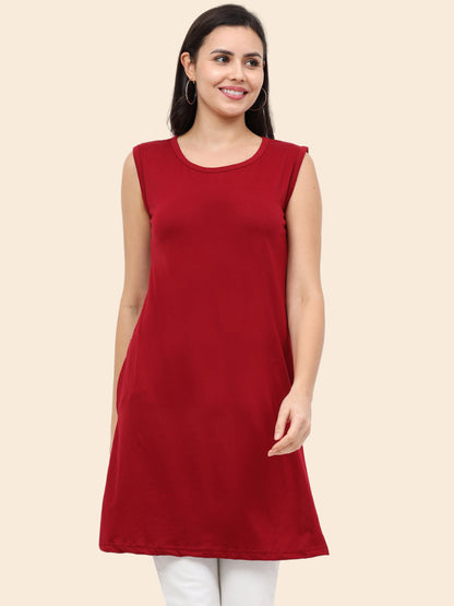 Women's Cotton Round Neck Plain Maroon Color Sleeveless Long Top