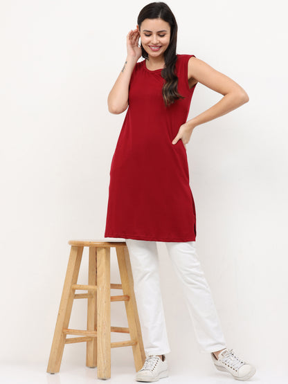 Women's Cotton Round Neck Plain Sleeveless Long Top