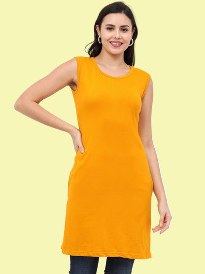 Women's Cotton Round Neck Plain Mustard Yellow Color Sleeveless Long Top