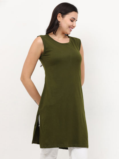 Women's Cotton Round Neck Plain Sleeveless Long Top