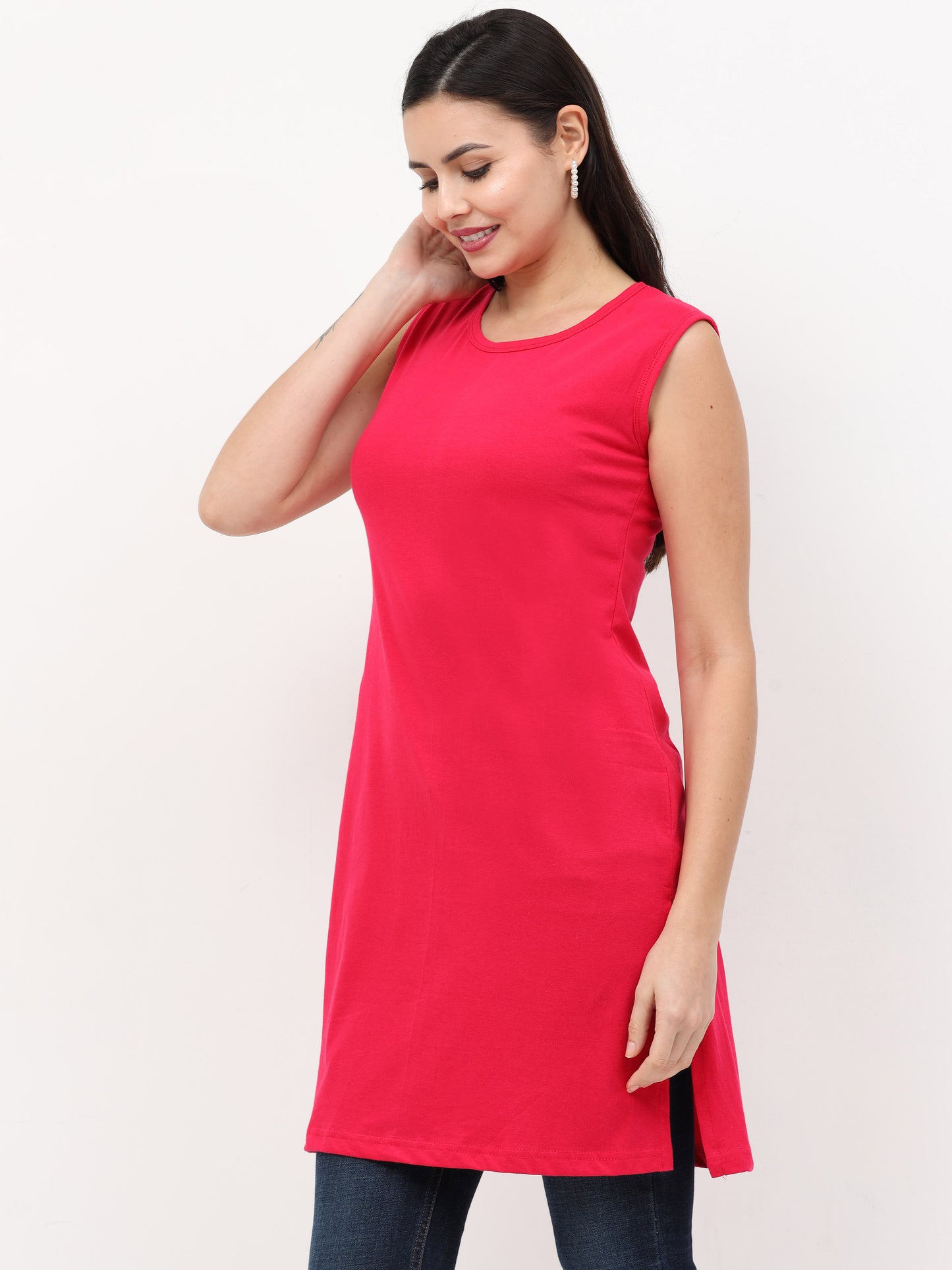 Women's Cotton Round Neck Plain Pink Color Sleeveless Long Top