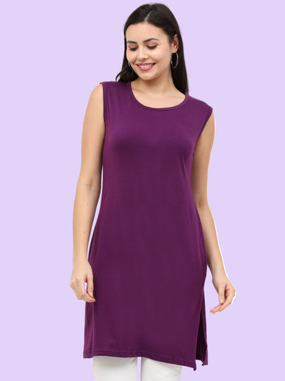 Women's Cotton Round Neck Plain Purple Color Sleeveless Long Top