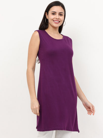 Women's Cotton Round Neck Plain Sleeveless Long Top