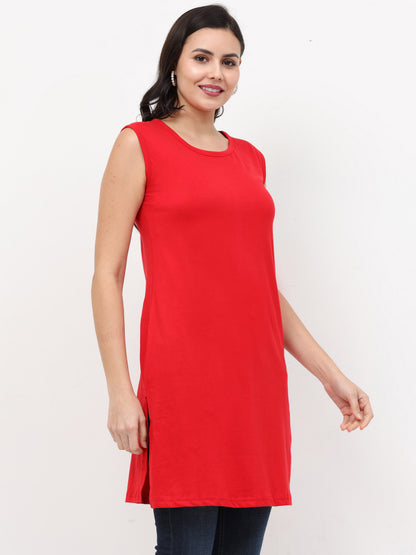 Women's Cotton Round Neck Plain Sleeveless Long Top