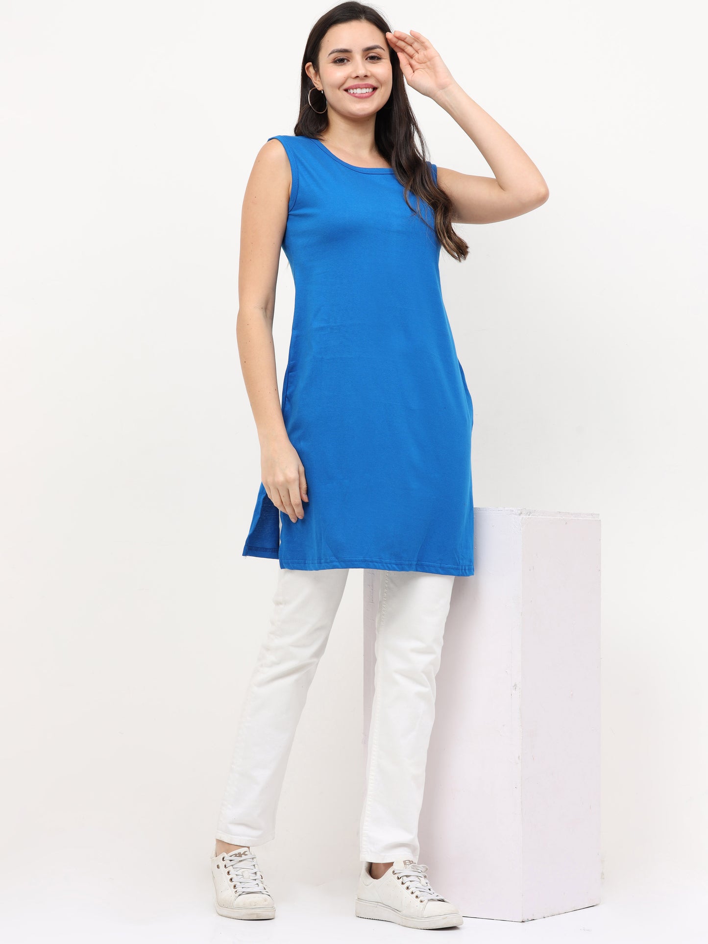 Women's Cotton Round Neck Plain Royal Blue Color Sleeveless Long Top