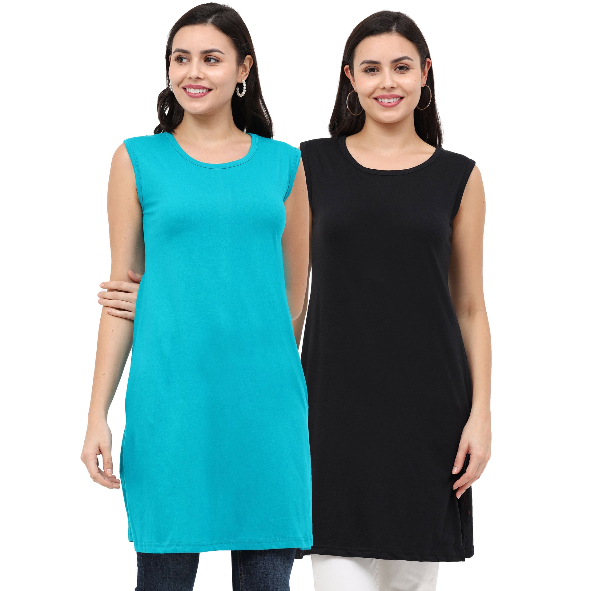 Women's Cotton Plain Sleeveless Long Top Multi Color - (Pack of 2)
