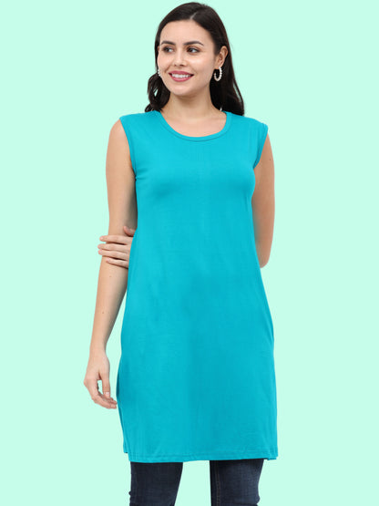Women's Cotton Round Neck Plain Shade Green Color Sleeveless Long Top