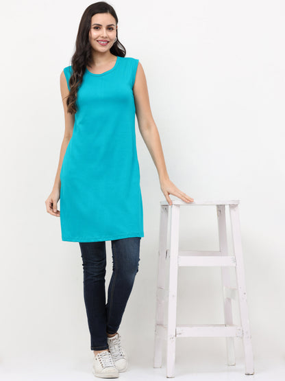 Women's Cotton Round Neck Plain Shade Green Color Sleeveless Long Top