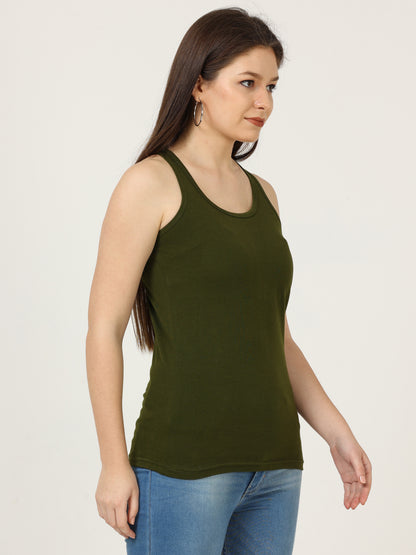 Women's Cotton Plain Sleeveless Olive Green Color Top