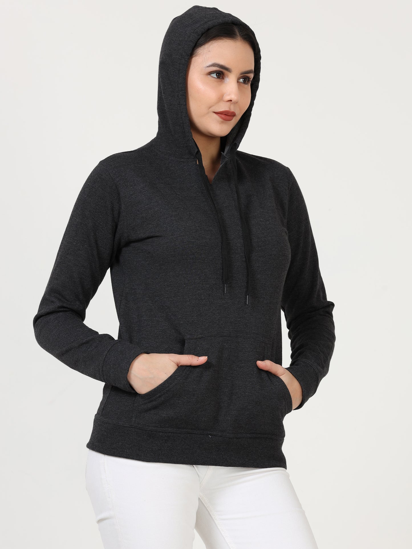 Women's Cotton Plain Charcoal Melange Color Sweatshirt Hoodies