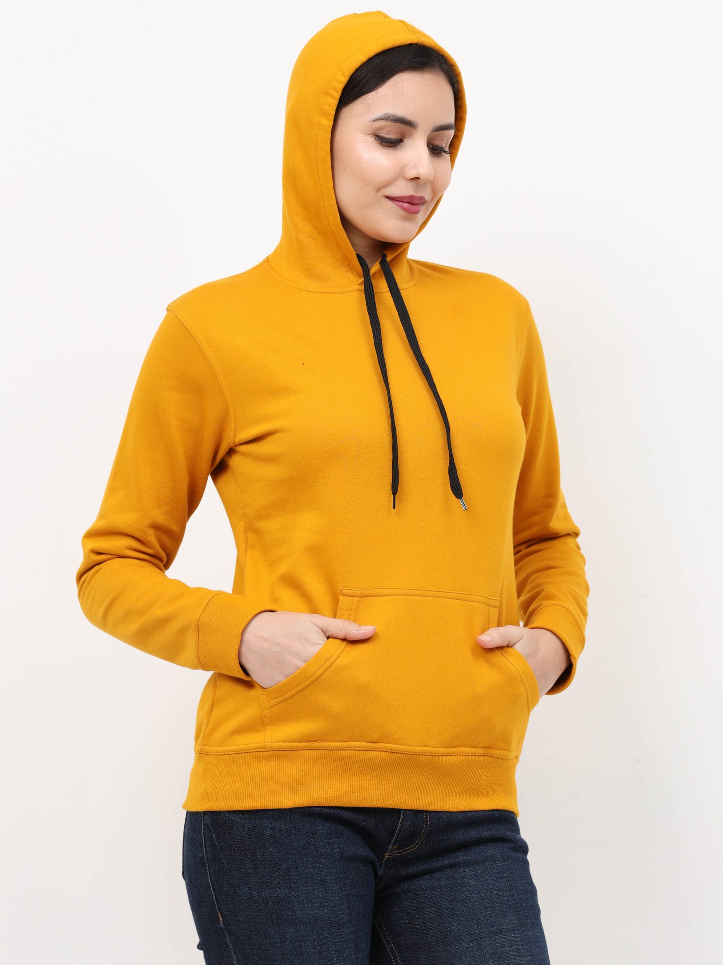 Women's Cotton Plain Mustard Yellow Color Sweatshirt Hoodies