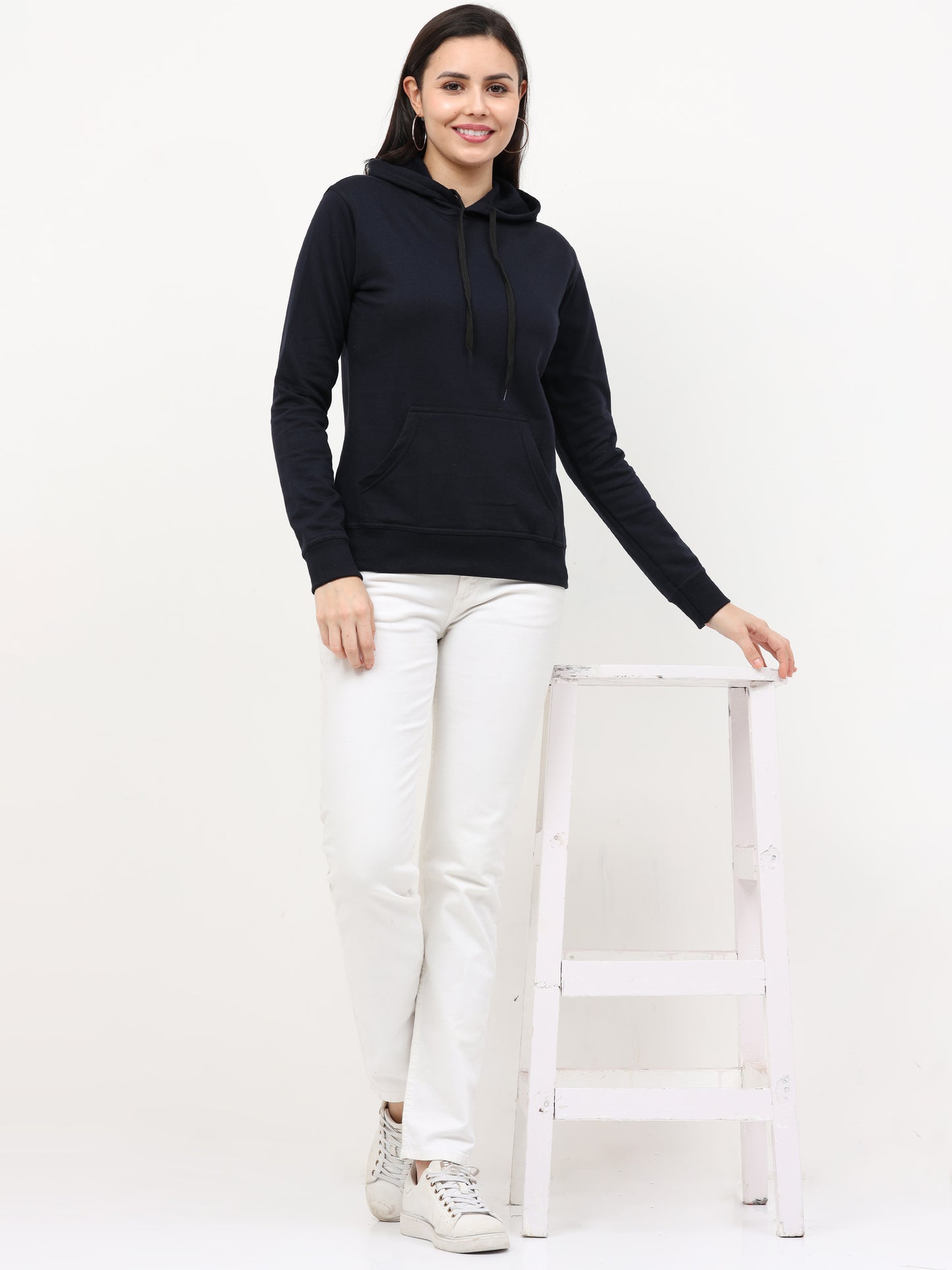 Women's Cotton Plain Navy Blue Color Sweatshirt Hoodies