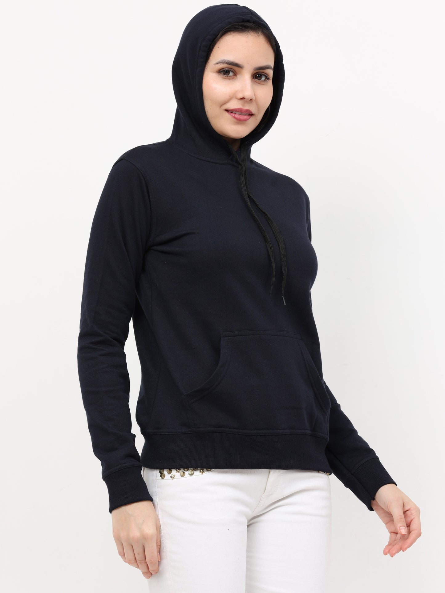 Women's Cotton Plain Navy Blue Color Sweatshirt Hoodies