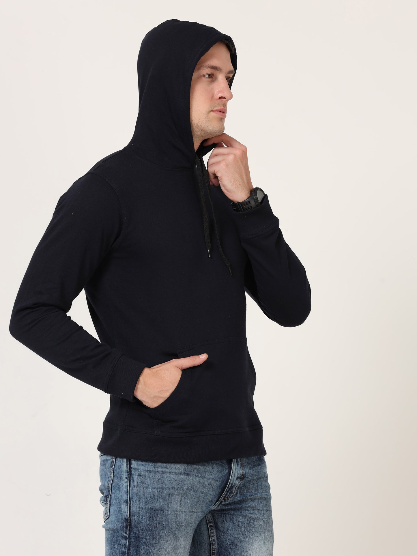Men's Cotton Hooded Neck Plain Navy Blue Color Sweatshirt/Hoodies