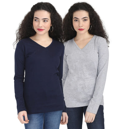 Fleximaa Women's Cotton Plain V Neck Full Sleeve T-Shirt (Pack of 2) - Fleximaa