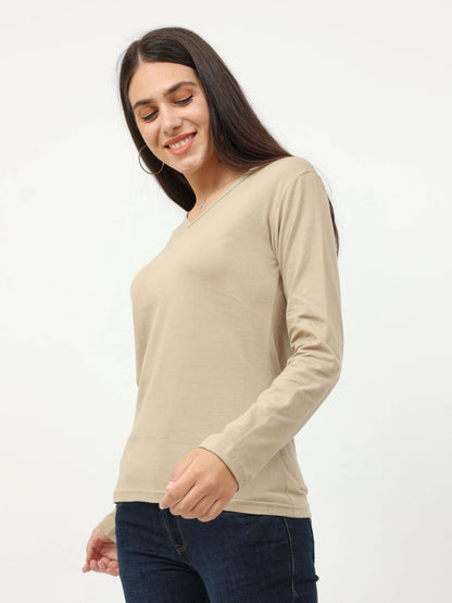 Fleximaa Women's Cotton Plain V Neck Full Sleeve T-Shirt - fleximaa-so