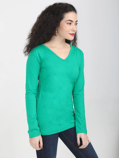 Fleximaa Women's Cotton Plain V Neck Full Sleeve T-Shirt - fleximaa-so