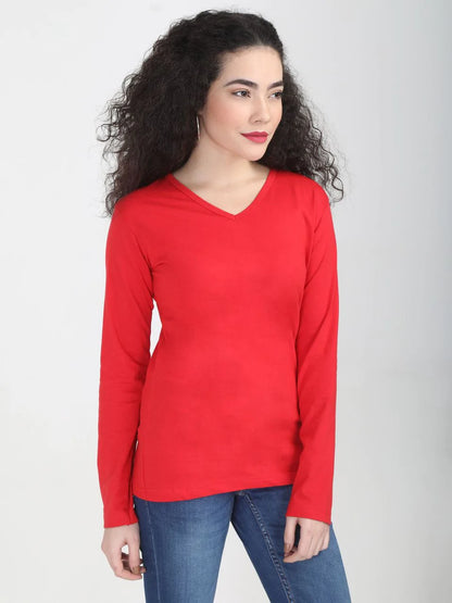 Fleximaa Women's Cotton Plain V Neck Full Sleeve T-Shirt-2 - fleximaa-so