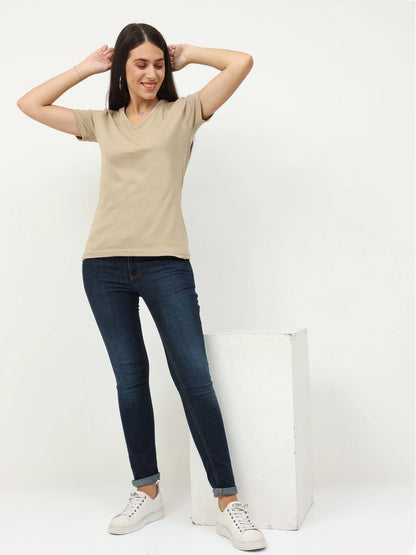 Fleximaa Women's Cotton Plain V Neck Half Sleeve T-Shirt - fleximaa-so