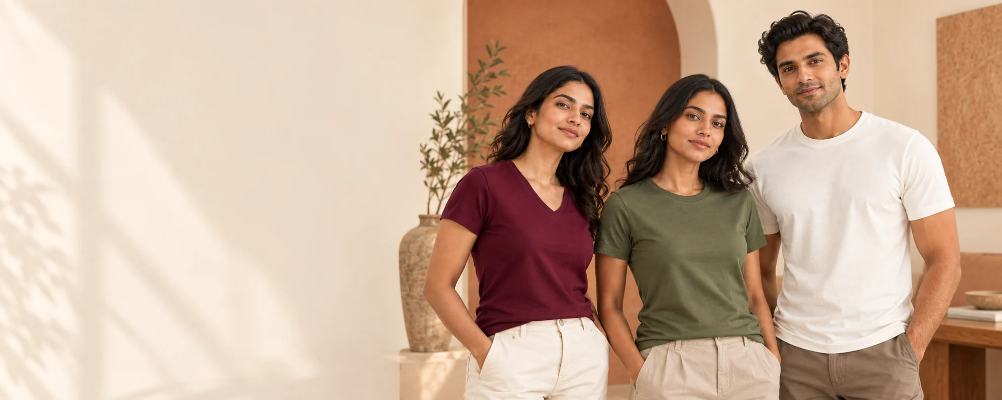 Three Indian adults wearing plain Fleximaa-style cotton T-shirts